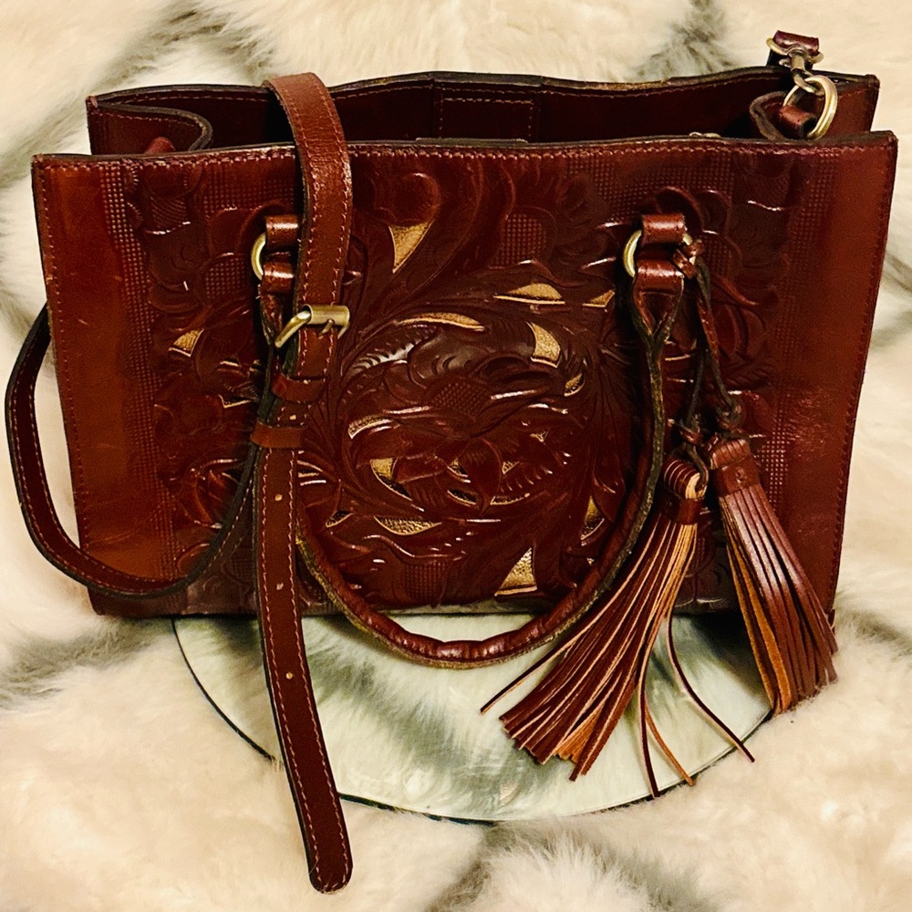 Patricia Nash Leather Primrose Satchel Handbag - British Tan Tooled Cut Out